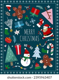 background with several Christmas ornaments such as Santa, gingerbread cookies, gift boxes, pine tree, etc