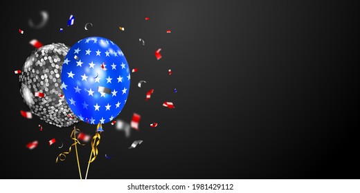 Background with several colored balloons in the colors of the USA flag and pieces of shiny serpentine. Illustration for the Independence Day of the United States of America