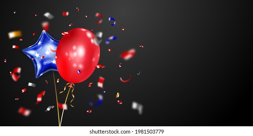 Background with several colored balloons in the colors of the USA flag and pieces of shiny serpentine. Illustration for the Independence Day of the United States of America