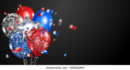 Background with several colored balloons in the colors of the USA flag and pieces of shiny serpentine. Illustration for the Independence Day of the United States of America