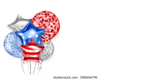 Background with several colored balloons in the colors of the USA flag. Illustration for the Independence Day of the United States of America