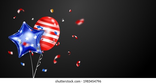 Background with several colored balloons in the colors of the USA flag and pieces of shiny serpentine. Illustration for the Independence Day of the United States of America