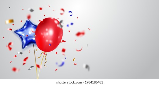 Background with several colored balloons in the colors of the USA flag and pieces of shiny serpentine. Illustration for the Independence Day of the United States of America