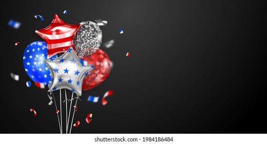 Background with several colored balloons in the colors of the USA flag and pieces of shiny serpentine. Illustration for the Independence Day of the United States of America