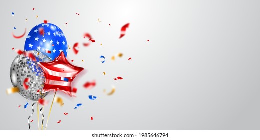 Hintergrund mit mehreren farbigen Ballons in den Farben der Flagge der USA und Stücke glänzender Serpentine. Illustration zum Unabhängigkeitstag der Vereinigten Staaten von Amerika