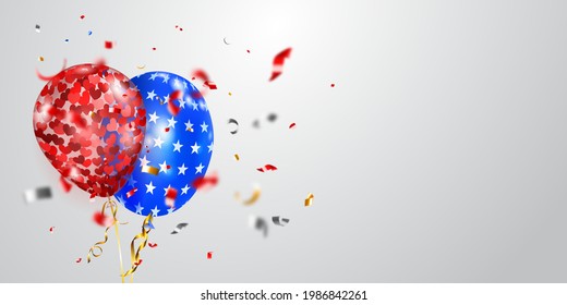 Background with several colored balloons in the colors of the USA flag and pieces of shiny serpentine. Illustration for the Independence Day of the United States of America