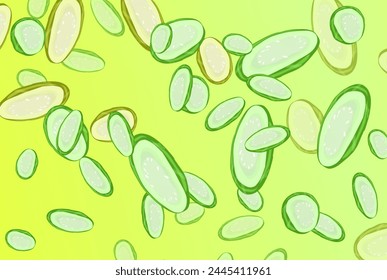 background of several cucumber slices on a green background