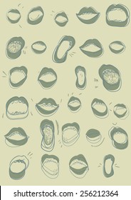 Background with several hand draw mouths,lips, cry and emotions