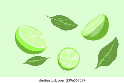 background of several lime slices and leaves, with a green background