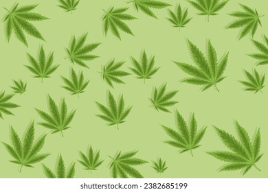 background of several marijuana leaves on a flat green background