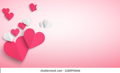 Background with several paper volume hearts, red and white on pink