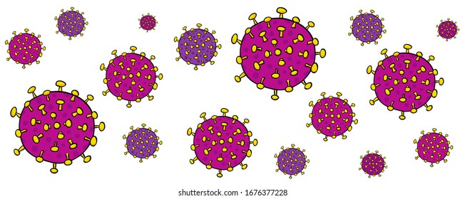 Background of several Viruses of Coronavirus-SARS-CoV-2 which causes Covid-19 with the characteristic spikes- hand-drawn vector illustration