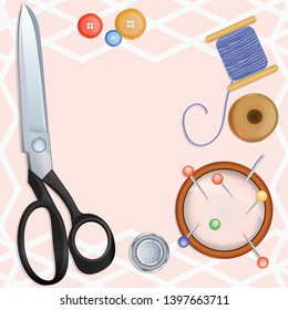 background sewing scissors, thread, thimble and buttons, the EPS 10