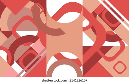 Fondo en tonos rosas, rojos y marrones con formas geométricas de rhombus, triángulos, cuadrados, semicírculos y otros. Ilustración rectangular vectorial. Eps10.