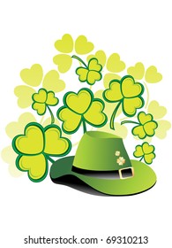 background with shamrock flowers and leprechaun hat