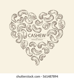 Background in the shape of the heart with cashew. Hand drawn.
