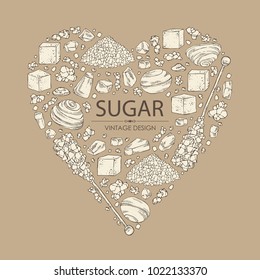 Background in the shape of the heart with different kinds of sugar: sugar sand, refined sugar, crystals. Vector hand drawn illustration.