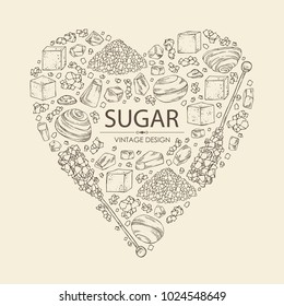 Background in the shape of the heart with different kinds of sugar: sugar sand, refined sugar, crystals. Vector hand drawn illustration.