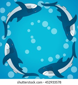 Background with sharks circling in the water. Vector illustration.