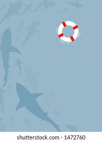 Background of sharks under the ocean with life-ring.