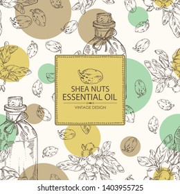 Background with shea nut and bottle of shea nut essential oil. Cosmetic, perfumery and medical plant. Vector hand drawn 