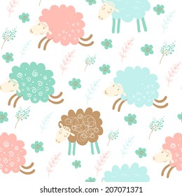 Background with sheep and flowers. Cartoon summer wallpaper.Seamless pattern can be used for wallpapers, pattern fills, web page backgrounds, surface textures.
