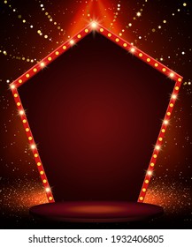 Background with shining garland, sparkle dust and arch banner. Design for presentation, concert, show. Vector illustration