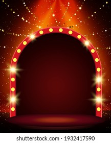 Background with shining garland, sparkle dust and arch banner. Design for presentation, concert, show. Vector illustration