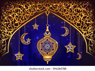 Background with shiny arabic lantern of golden floral design, background for holy moth of muslim community Ramadan Kareem, EPS 10 contains transparency