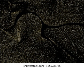 Background with shiny gold, yellow round glitters. Curve lines of multiple colorful circles on black. Abstract vector ordered confetti pattern, glowing night lights design. Holiday garlands.