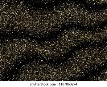 Background with shiny gold, yellow round glitters. Curve lines of multiple colorful circles on black. Abstract vector ordered confetti pattern, glowing night lights design. Holiday garlands.