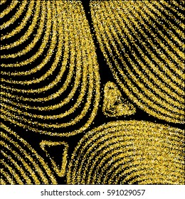 Background with shiny gold, yellow round glitters. Curve lines of multiple colorful circles on black backdrop. Abstract vector ordered confetti pattern, glowing night lights design. Holiday garlands.