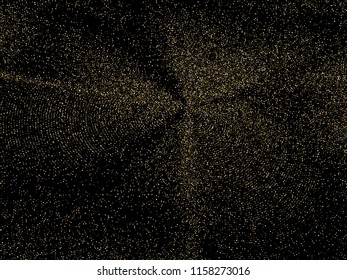 Background with shiny gold, yellow square glitters. Curve lines of multiple colorful squares on black. Abstract vector ordered confetti pattern, glowing night lights design. Holiday garlands.