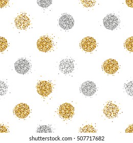 Background with shiny golden and silver glitter dots decoration. Seamless pattern. Great for christmas and birthday cards, celebration posters, wedding invitations. EPS10 vector illustration.