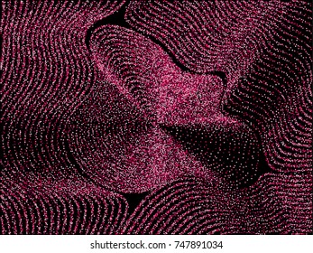 Background with shiny ruby red square glitters. Curve lines of multiple colorful squares on black. Abstract vector ordered confetti pattern, glowing night lights design. Holiday garlands.