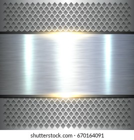 Background, shiny silver metallic, polished metal texture over holes pattern, vector.