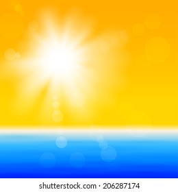 Background with shiny sun with flares over the sea