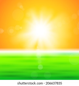 Background with shiny sun with flares over the green field