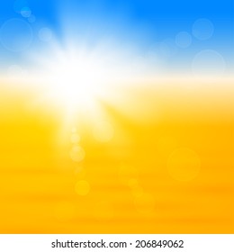 Background with shiny sun with flares over the sand