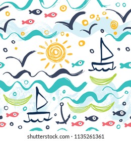Background with a ship, sea, fish and sun. Seamless pattern in the concept of children's drawings.
