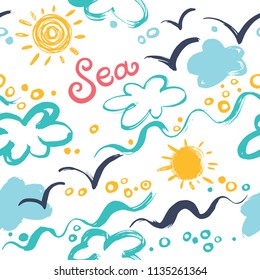 Background with a ship, sea, fish and sun. Seamless pattern in the concept of children's drawings.
