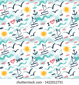 Background with a ship, sea, fish and sun. Seamless pattern in the concept of children's drawings.