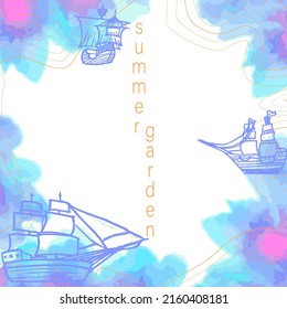background with ship and watercolor texture of pink, violet, blue and purple.  Abstract art template with abstract gold and white topographic contours lines of mountains. 