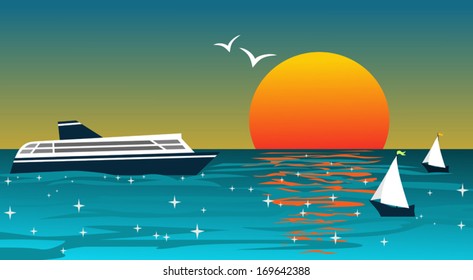 Background with ships at sunset. Illustration of ocean in sunset time, with ships and birds silhouettes. Traveling theme series. Vector is layered and all elements are grouped. A bit of gradients. 