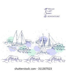 Background with ships and waves.Hand drawn sea, waves and yachts. Vector  Illustration
