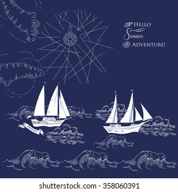 Background with ships and waves.Hand drawn sea, waves and yachts. Vector  Illustration