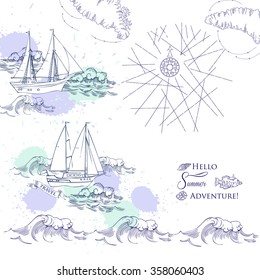 Background with ships and waves.Hand drawn sea, waves and yachts. Vector  Illustration