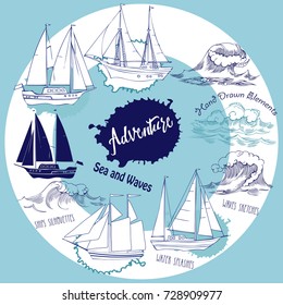 Background with ships and waves.Hand drawn sea, waves and yachts. Vector  Illustration