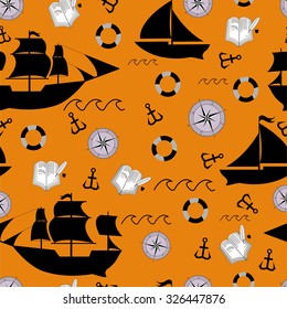  Background with ships, wind rose, anchor, lifebuoy, ship's journals and waves,  vector
