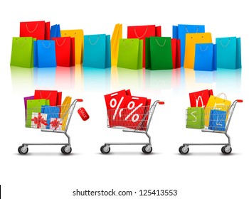 Background with shopping color bags and shopping carts with sale. Concept of discount. Vector